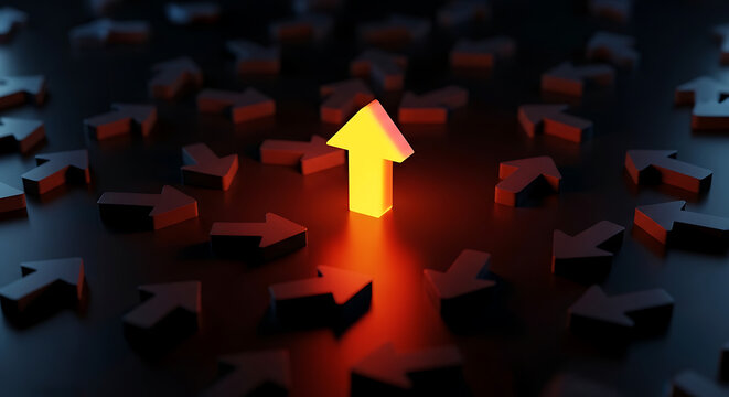 Glowing gold arrow standing out among dark arrows on black surface with leadership direction business innovation difference standout improvement strategy motivation ambition competition