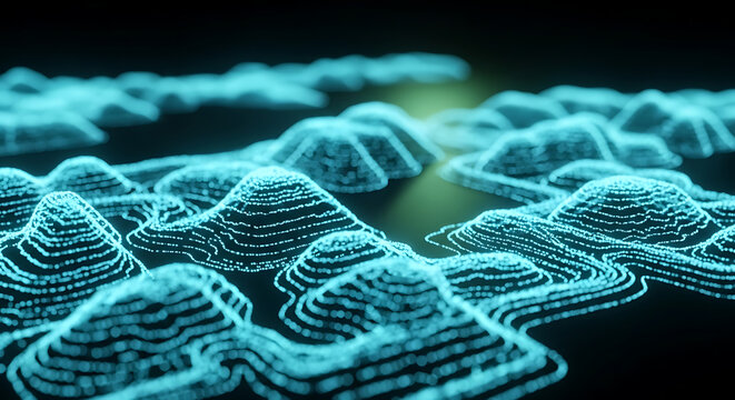 Digital data visualization showing 3D topographic mountain landscape with topographic visualization landscape mountain technology analysis information geometric elevation futuristic modeling