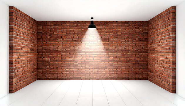 A dimly lit room with exposed red brick walls and a single spotlight