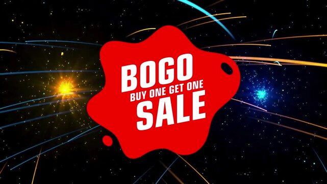 bogo buy one get one sale graphic with glowing particle trails, buy one get one sale promo with yellow blue light animation, bogo promotional graphic with particle motion on black background
