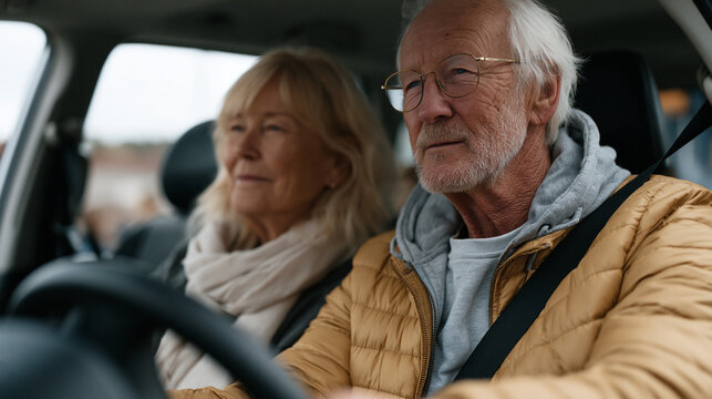 Grandparents wait in minivan carpool line outside an elementary school, grandmother in the passenger seat scanning the crowd while grandfather cranes forward over the wheel