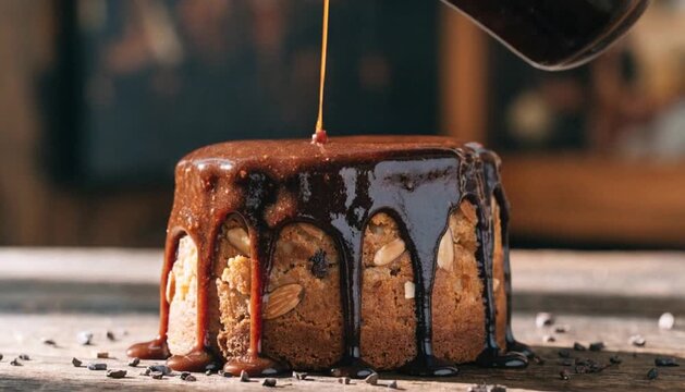Rich chocolate syrup pours over a delicious almond cake on a rustic wooden table, slow motion food preparation footage.
