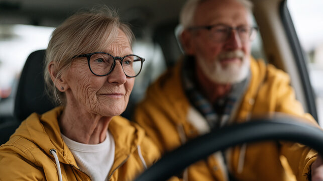 Grandparents wait in minivan carpool line outside an elementary school, grandmother in the passenger seat scanning the crowd while grandfather cranes forward over the wheel