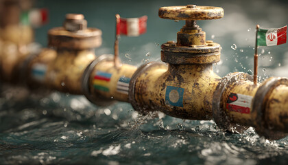 Fototapeta premium Hormuz strait energy oil crisis concept. Oil tube valve with flags of Persian gulf countries closed