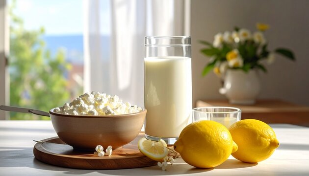 カッテージチーズとレモンを配置した美しいレイアウトの食材写真