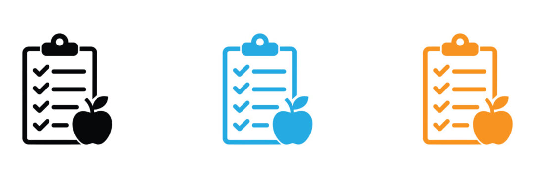 Vector icons of clipboard with checklist and apple on white background, suitable for to-do lists, healthy habits, or education concepts