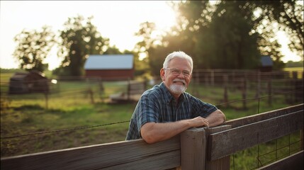 Fototapeta premium Older man smiling, leaning on wooden fence, enjoying rural farm life, golden hour sunlight