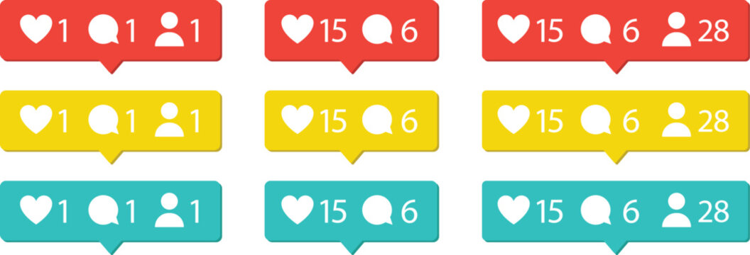 Colorful social media notification icon set in red, yellow, and teal. Heart, comment, and share counter buttons for UI and app design. Flat style engagement elements ideal for digital marketing projec