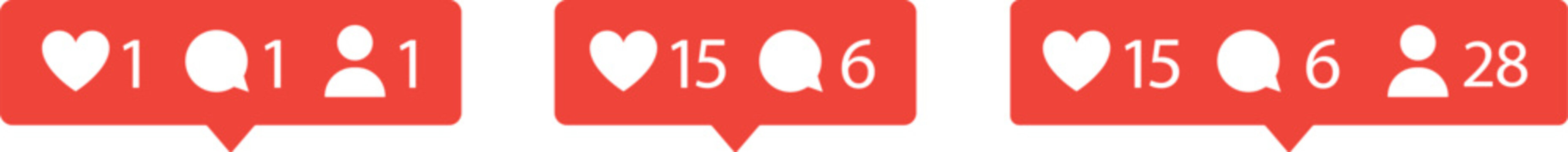 Social media notification icons set with heart, comment, and share. Red engagement counter buttons for digital marketing and UI design. Modern interface elements ideal for app and web presentation.

