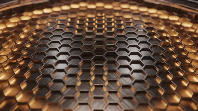 Glowing hexagonal metal grid with pulsating orange core in futuristic setting. Perfect for tech branding, AI visuals, energy themes