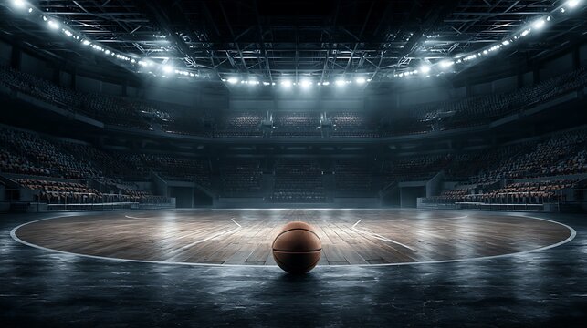 Basketball on wooden court in empty stadium arena