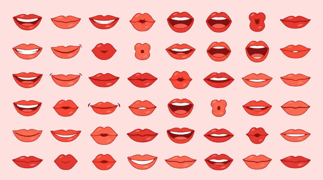 Large set of stylized cartoon mouth and lip icons in various red and pink shades, featuring diverse expressions like smiling, pouting, kissing, and laughing on a plain light pink background.