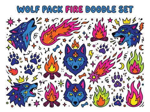 Wolf pack fire doodle set.