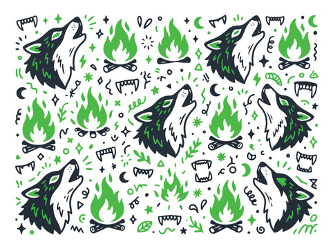 Wolves howling at campfire pattern.