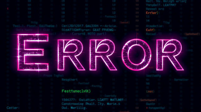 Bright neon pink error word written in a futuristic digital font against a dark background with streaming computer code text