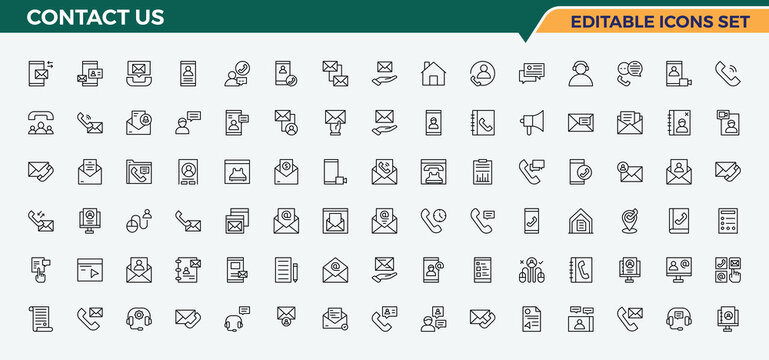 Contact Us modern icon set. Minimal linear icons. Contains such icons as message, personal information, location, mobile, communication, chat, address. Vector illustration. Address icon.
