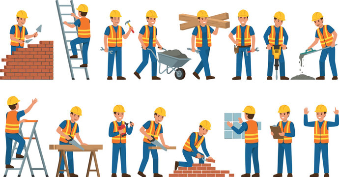 Construction Worker Character Set with Builders Contractors and Laborers Operating Tools and Machinery for Engineering Projects