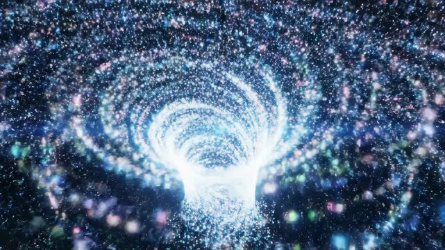 Expanding particle vortex exploding into swirling cosmic galaxy of sparks. Perfect for magical transitions, tech branding, sci-fi visuals
