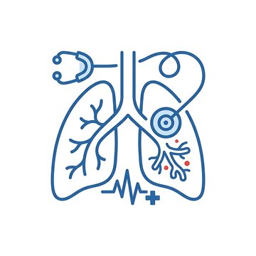 Illustration shows human lungs with disease and medical icons nearby