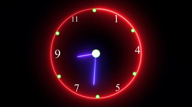 Neon Clock Time Lapse on Black Background, Time Management and Urgency Concept. 4k video Hands of the clock turn quickly. Concept of time, deadline. Looped video.