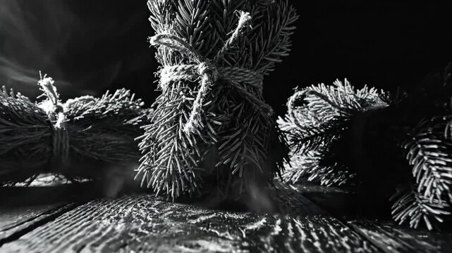 Black and white close up of smoldering bundled evergreen branches with smoke on dark wood surface