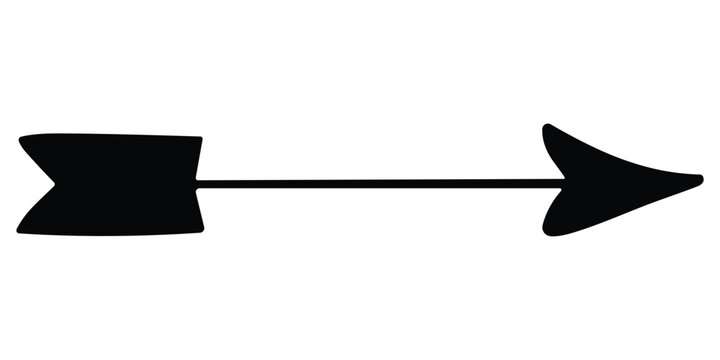 Black silhouette of vintage arrow with fletching and sharp arrowhead for archery or directional use
