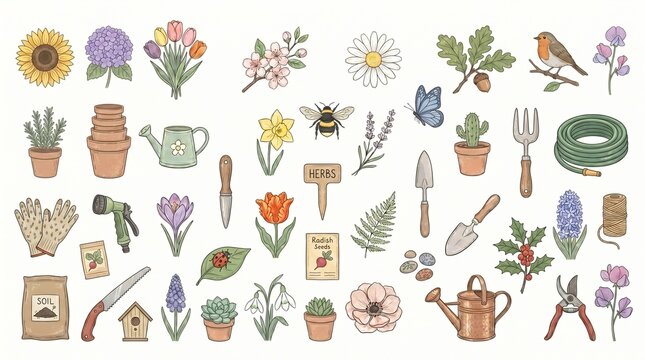 Gardening and Spring Botanical Element Set with Flowers Tools Plants and Insects on White Background
