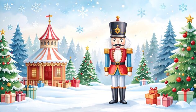 A cartoon nutcracker soldier stands in a snowy winter scene with Christmas trees, presents, and a colorful gazebo