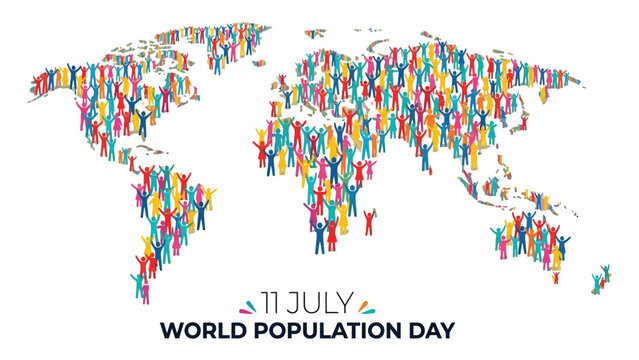 World map composed of colorful human silhouettes celebrating diversity and international population growth.