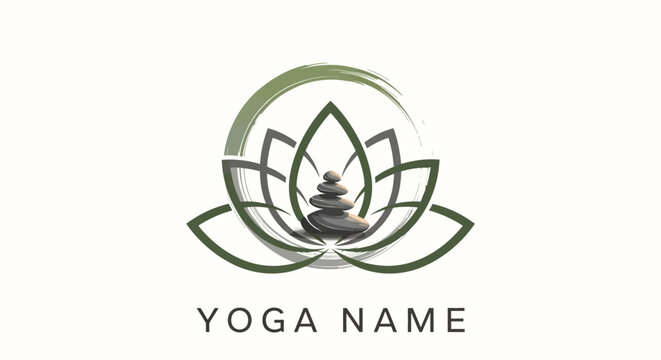 Zen Lotus Flower Logo with Stacked Stones and Brushstroke Circle - Yoga and Wellness Concept