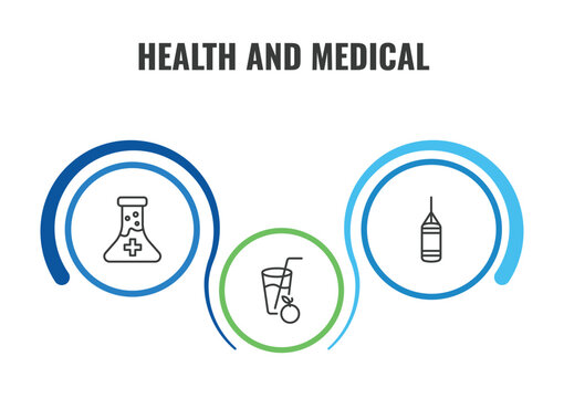 health and medical outline icon set. thin line medical substance, punching bag, orange juice icons. editable vector