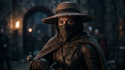 Fototapeta premium Masked warrior stands in a dark castle with a sword in hand during a nighttime gathering of soldiers