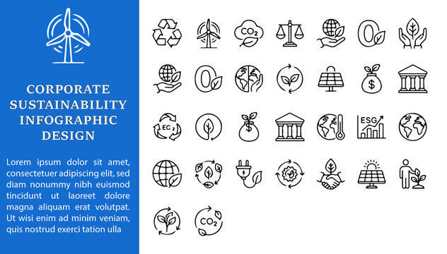 Corporate sustainability and renewable energy infographic icon set
