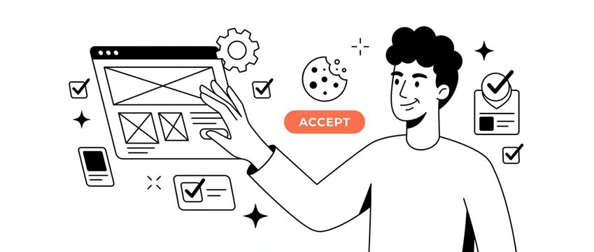 Cookie consent website ui vector illustration of man accepting online privacy settings, configuring cookie preferences, and customizing a browser interface wireframe template. Outline graphic banners.