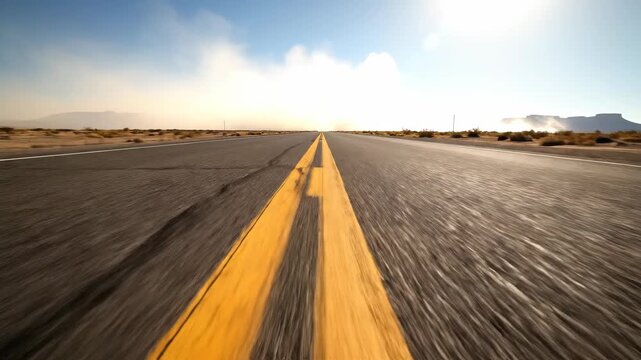 Speeding down endless desert highway with blurred yellow center lines. Perfect for travel visuals, road trip montages
