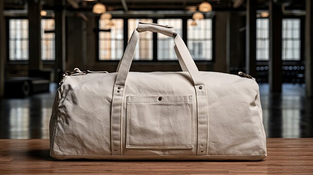 Canvas duffel bag on a wooden table in a loft studio