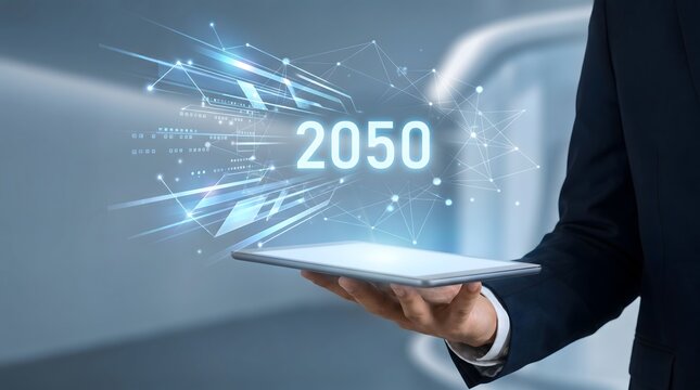 Businessman holding tablet with glowing 2050 futuristic network overlay
