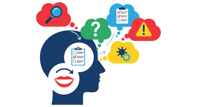 A person s head with thought bubbles representing ideas and problem solving