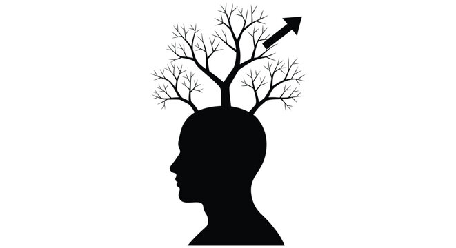 A human head silhouette with tree branches growing from the top