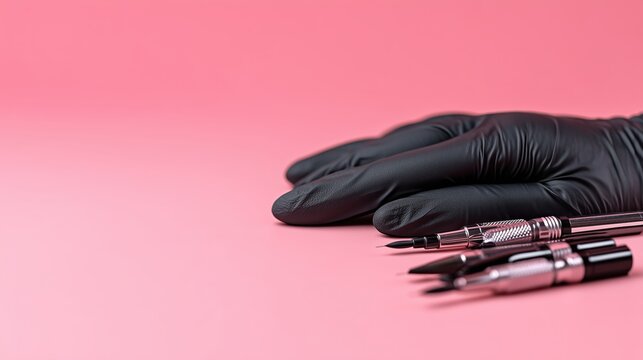 Soft pink beauty background featuring black latex gloves, PMU brushes, pigments, and permanent makeup equipment arranged on one side. Clean professional aesthetic with large copy space.