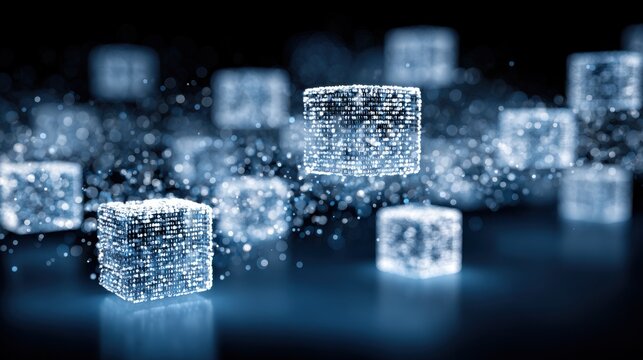 Floating digital data cubes with internal glowing light clusters observed in a dark futuristic environment