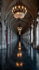 Obraz premium Elegant Historic Marble Hallway with Ornate Chandeliers and Arched Ceilings