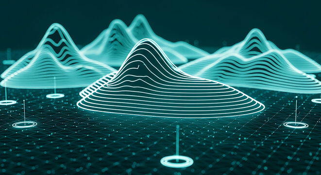 Three dimensional glowing topographical data map with grid lines topography mountain statistics analysis technology visualization information research landscape abstract computing
