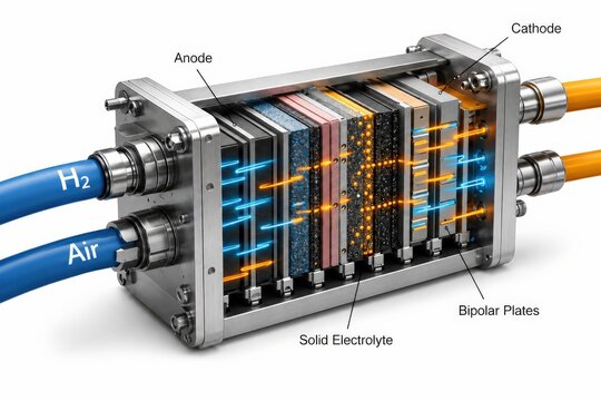 Hydrogen Fuel Cell Stack Cutaway Energy Conversion Diagram with Technical Callouts