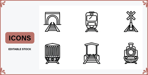 Comprehensive collection of minimalist outline train and railway transportation icons representing various elements of rail travel and infrastructure design © Badsha Mollik
