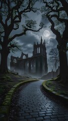 Obraz premium Haunted Gothic Ruins Under Night Sky with Full Moon and Shadowy Trees