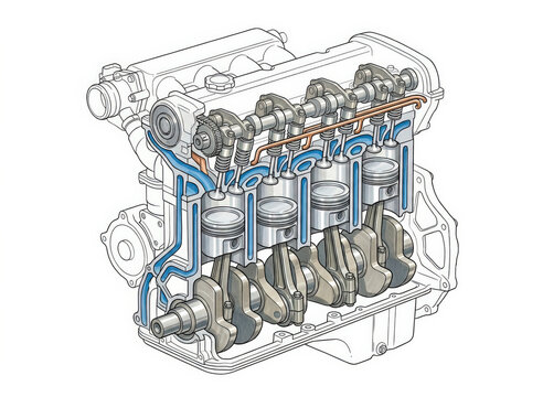 Inline Four Cylinder Engine Technical Marker Illustration