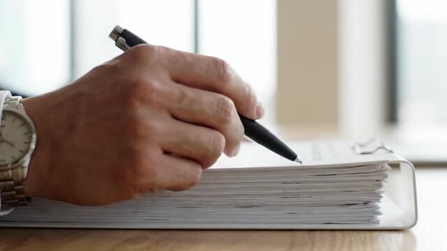 Hand holding pen over stack of documents