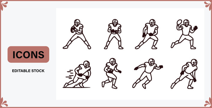 Dynamic American football player outline icons collection depicting various action poses including throwing running and defending perfect for sports themed designs and digital applications