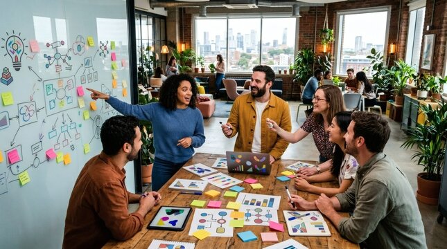 Diverse group of people brainstorming ideas with sticky notes and laptops in office
